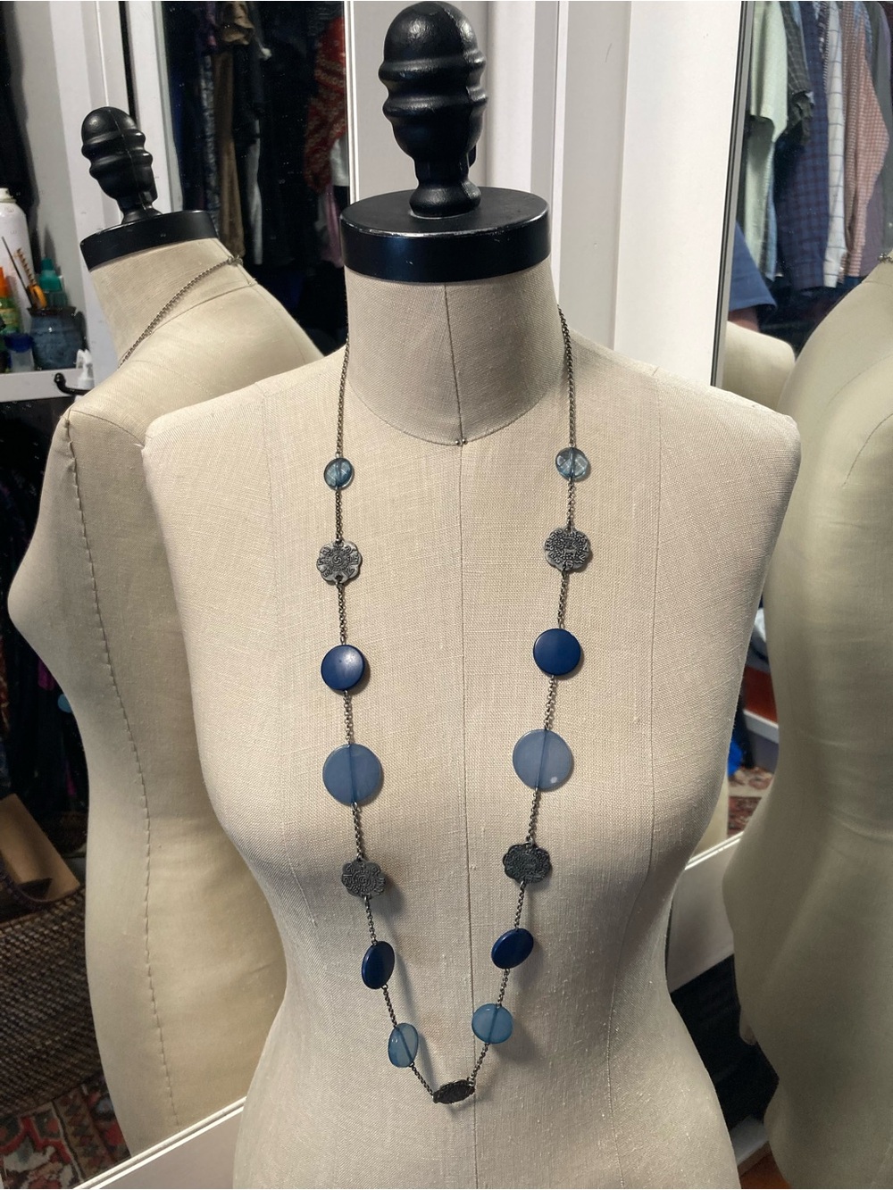 Long Blue Stone and Silvertone Disc Necklace